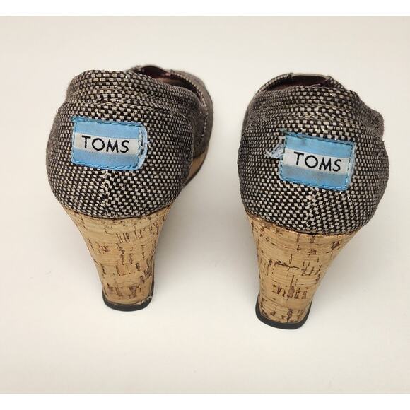 TOMS Women's Brown Fabric Cork Wedge Peep Toe Sandals Heels Shoes Platform Sz 7 - Picture 6 of 7